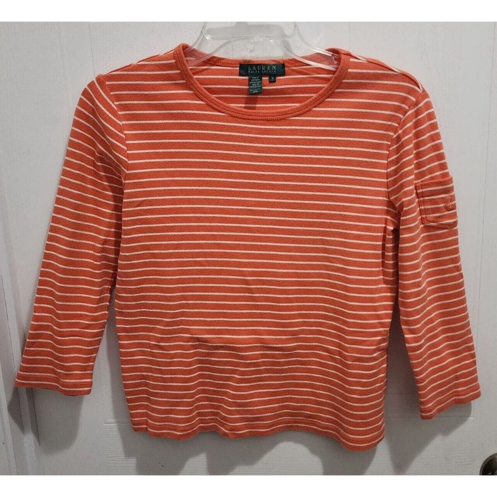 Lauren Ralph Lauren Women's 3/4 Sleeve Top Pocket Logo Orange Striped Sz Medium